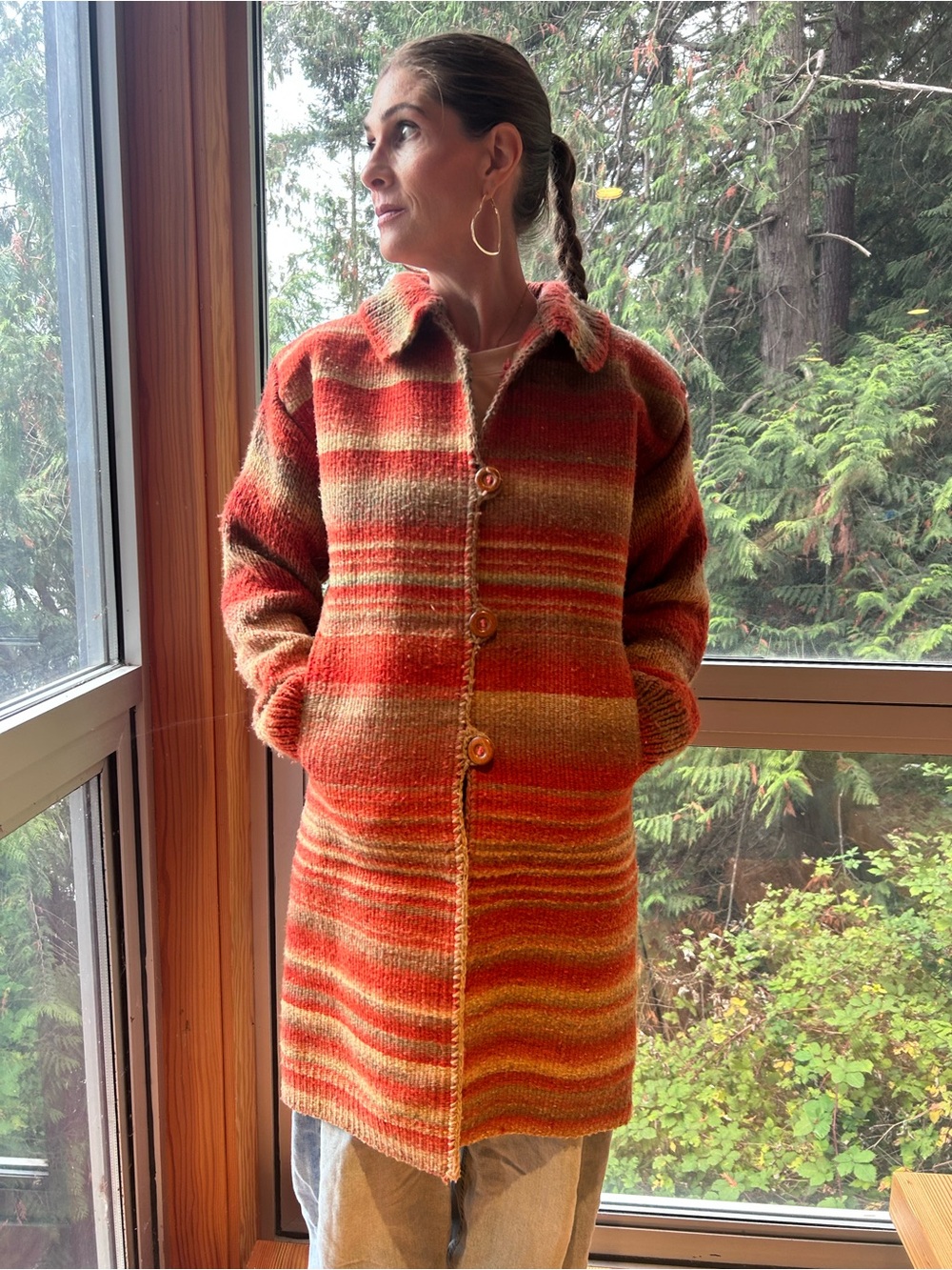 El Jorongo 100% Merino Wool Striped Long Cardigan Sweater Coat